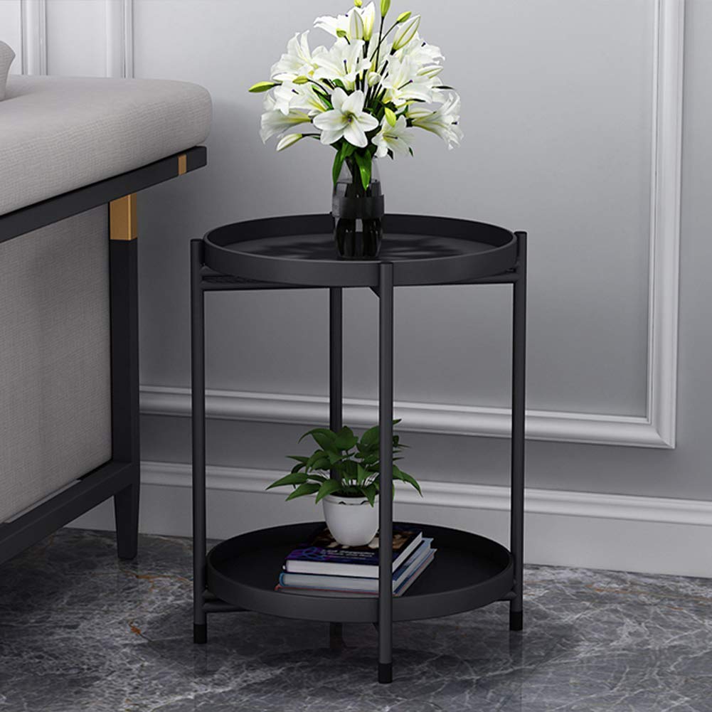black industrial side table with tabletops on top and bottom