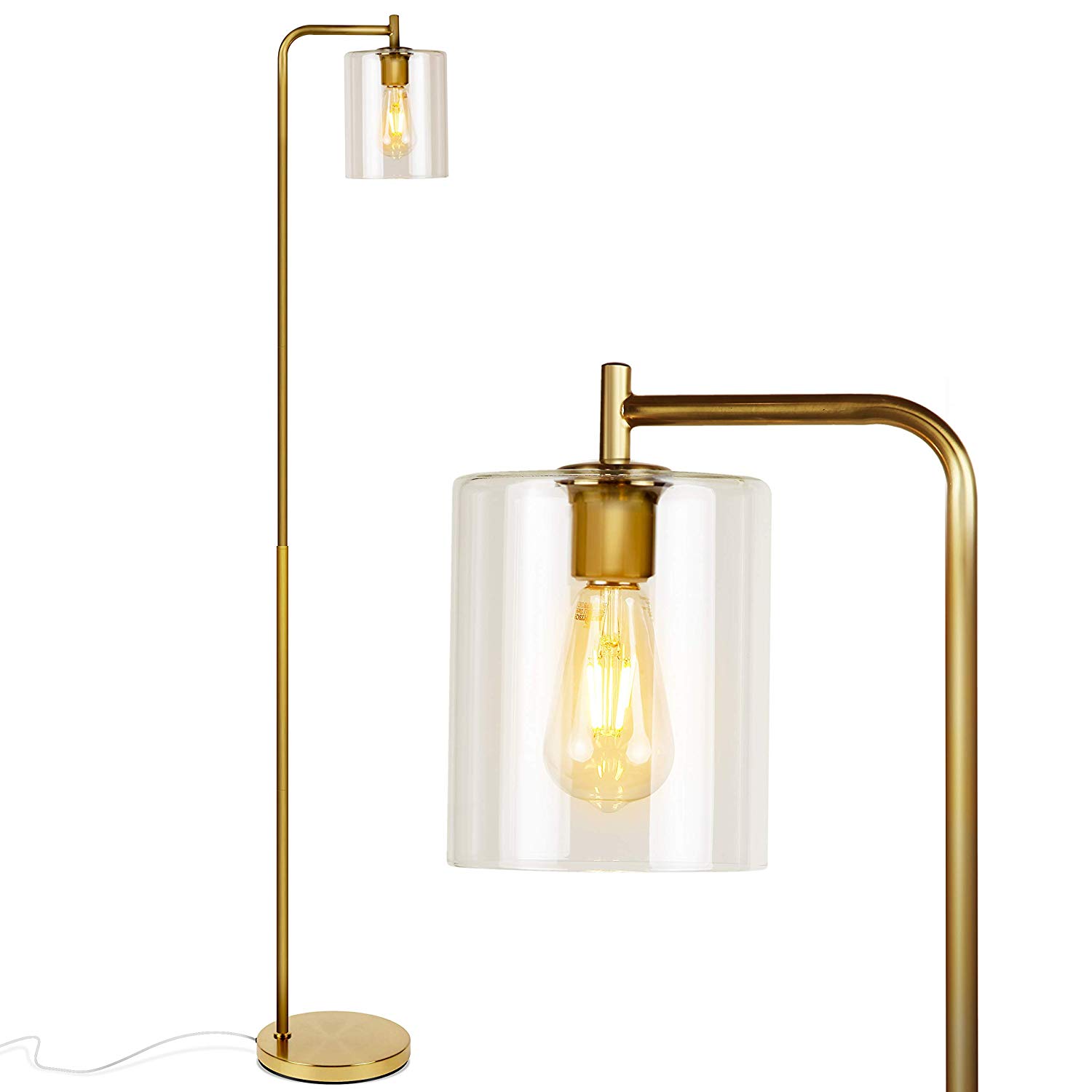 gold metal floor lamp with glass lamp shade