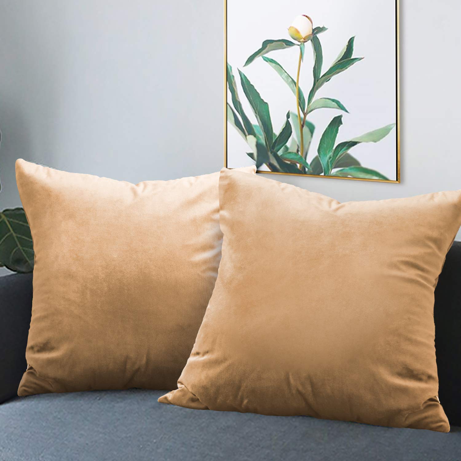 two gold velvet square pillow covers