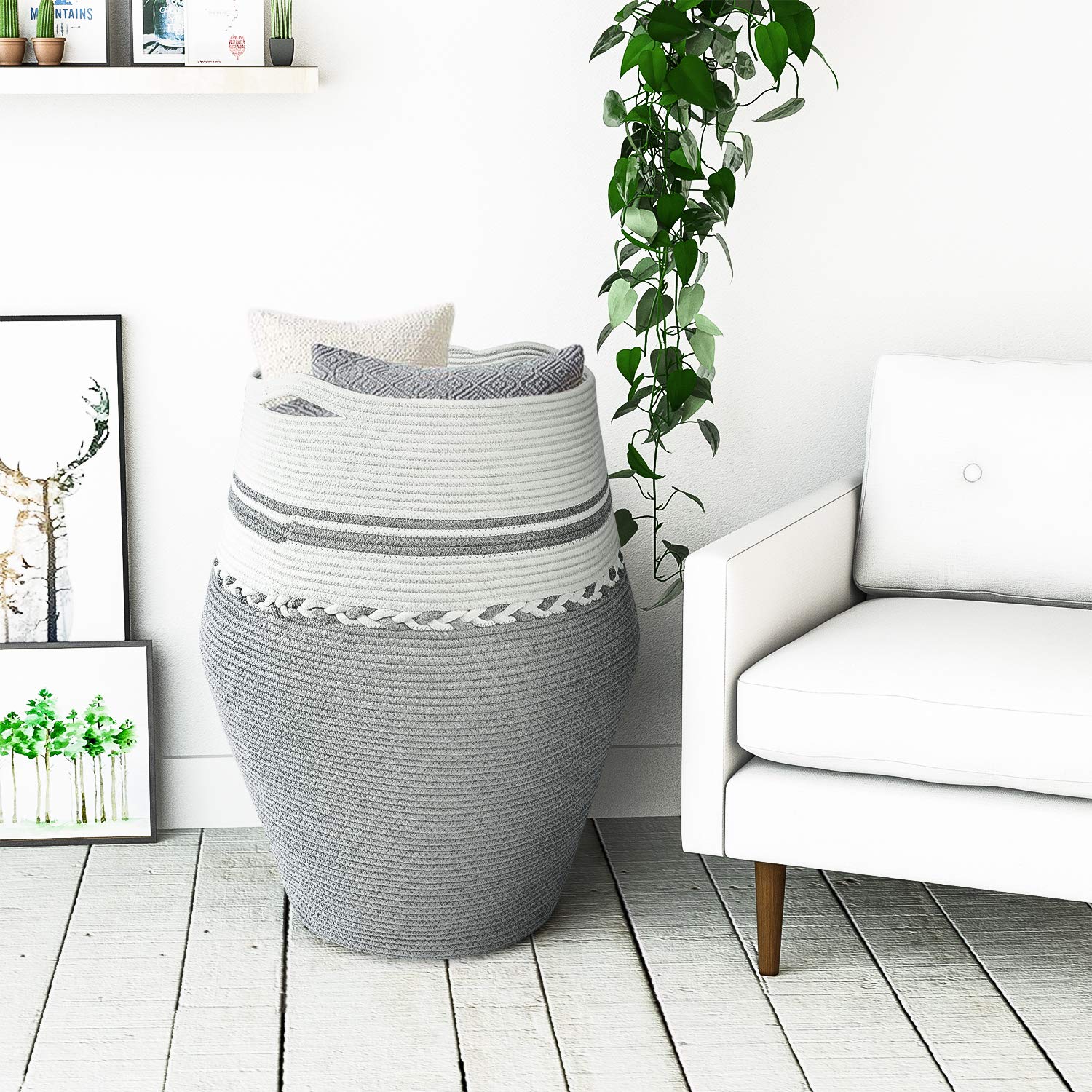 tall gray and white knitted basket with lined art