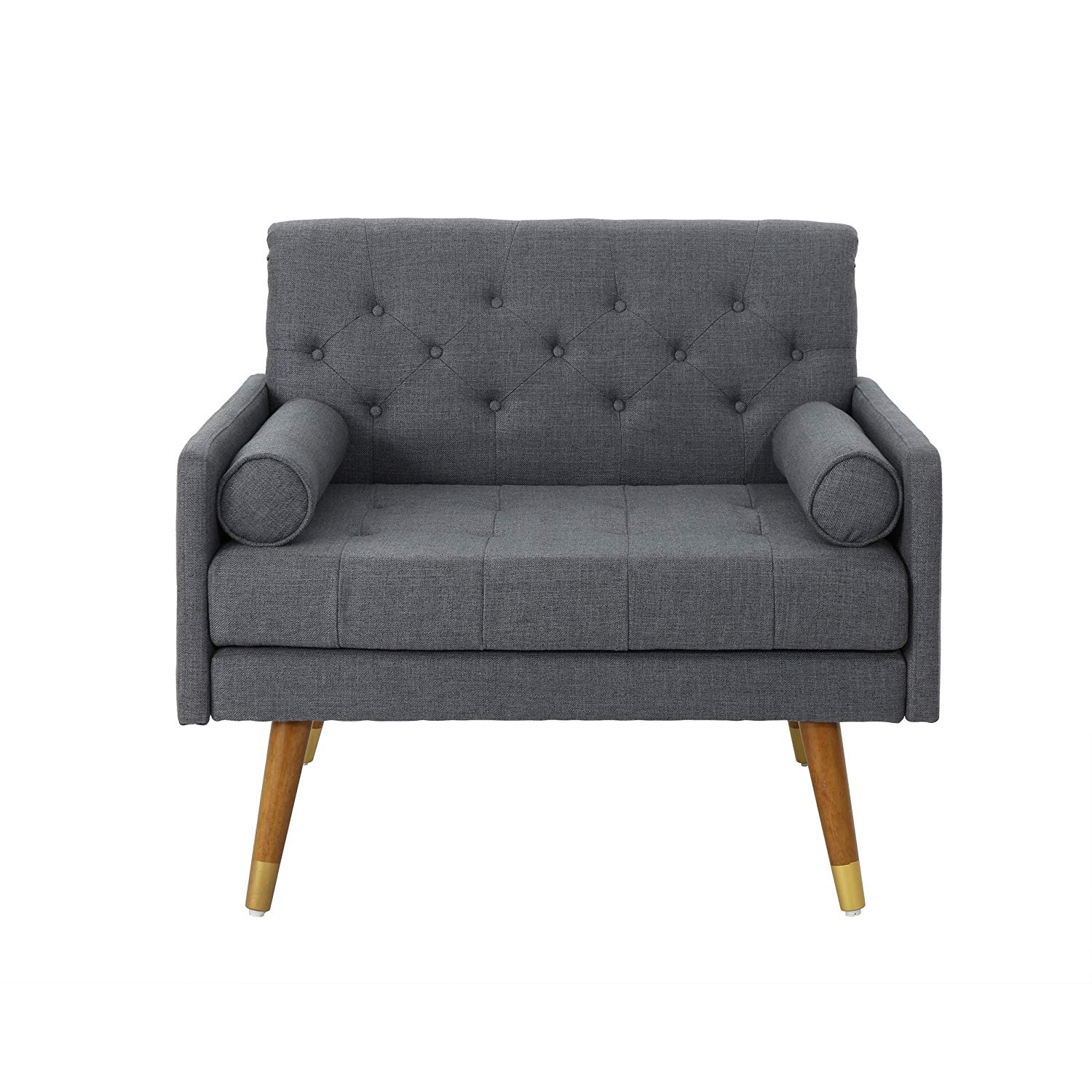gray modern love seat with wooden legs