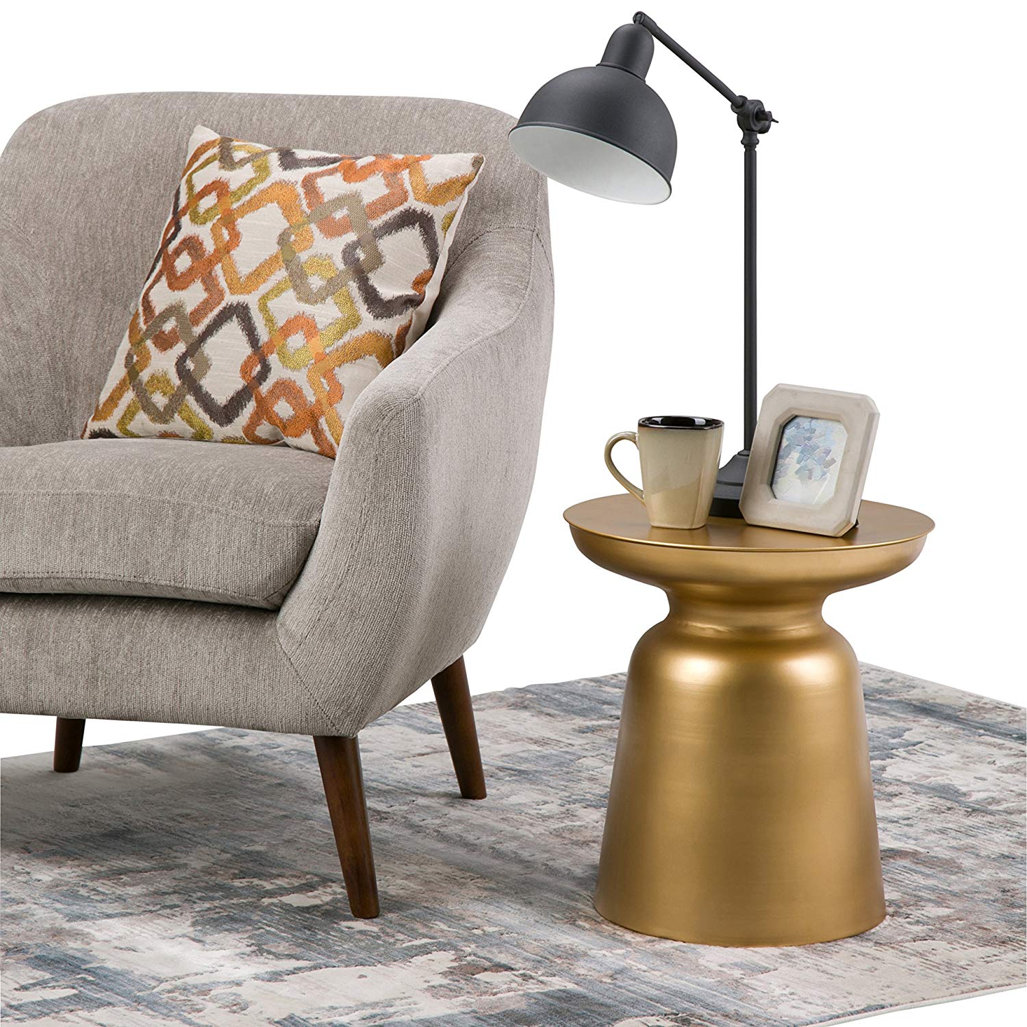gold metal wide round side accent table