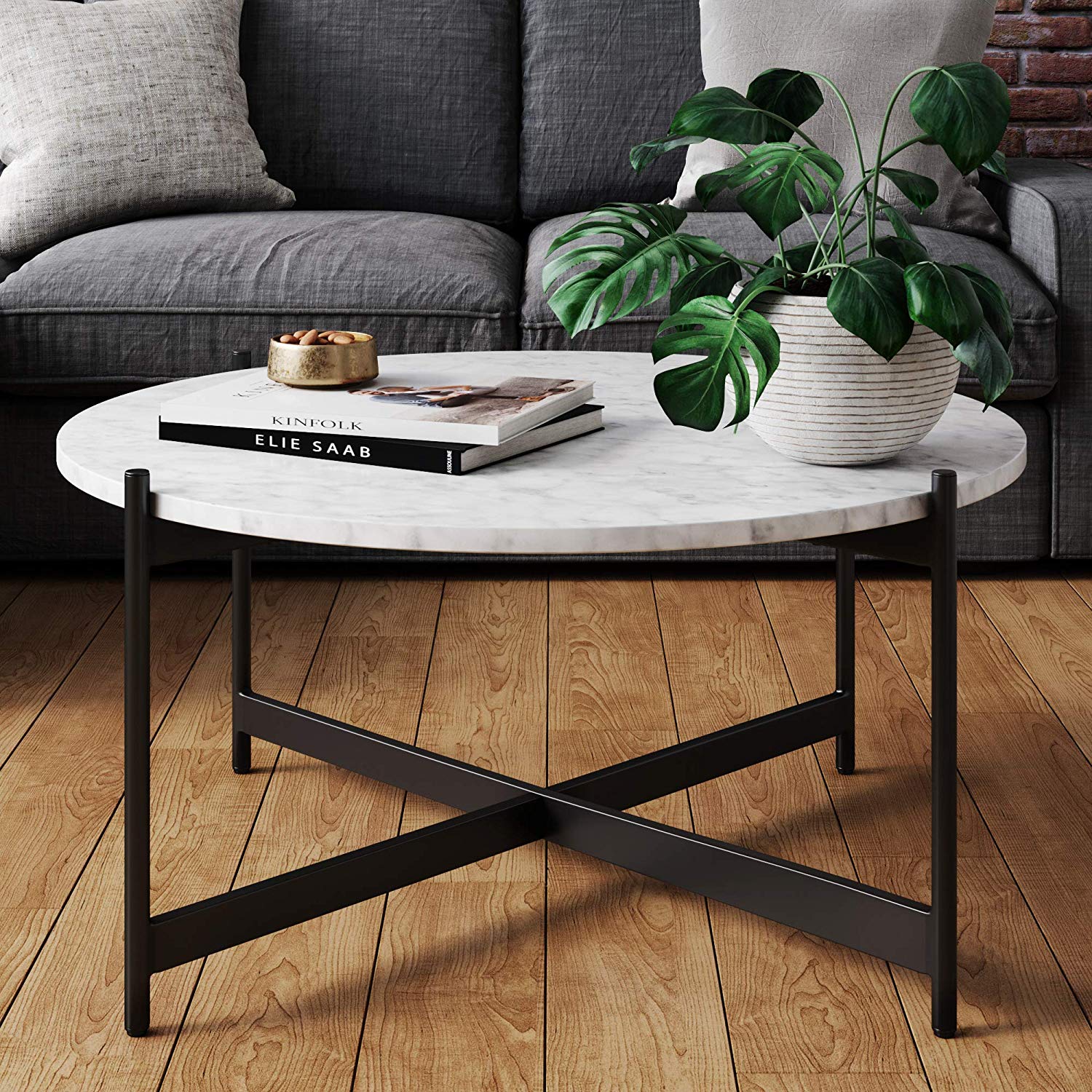 industrial black coffee table with white marble tabletop