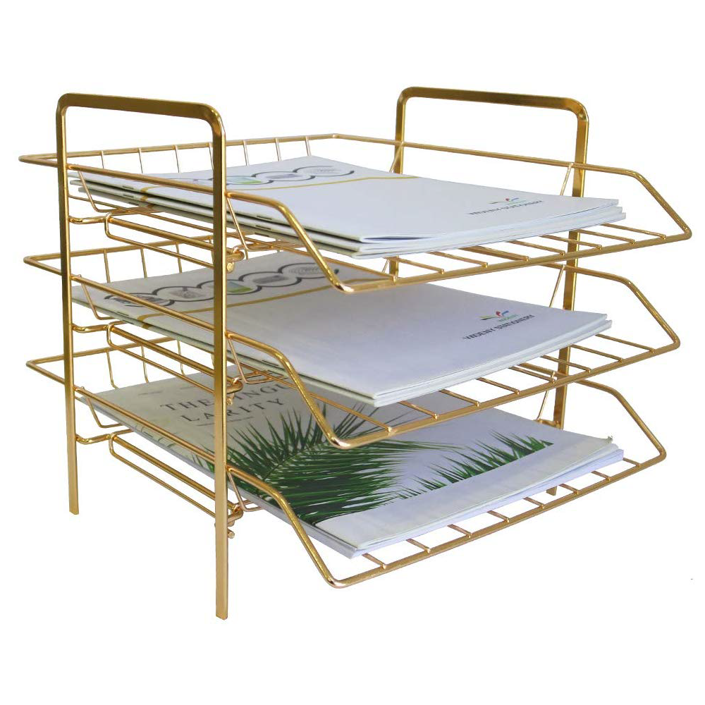 gold metal stacked organizer for files