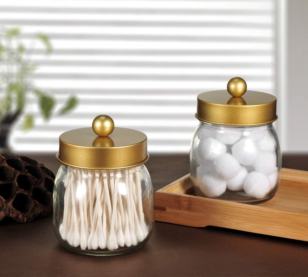 bathroom glass jars with golden lids