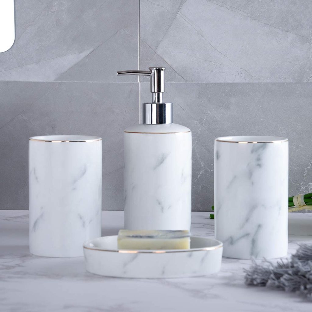 white and grey bathroom accessories