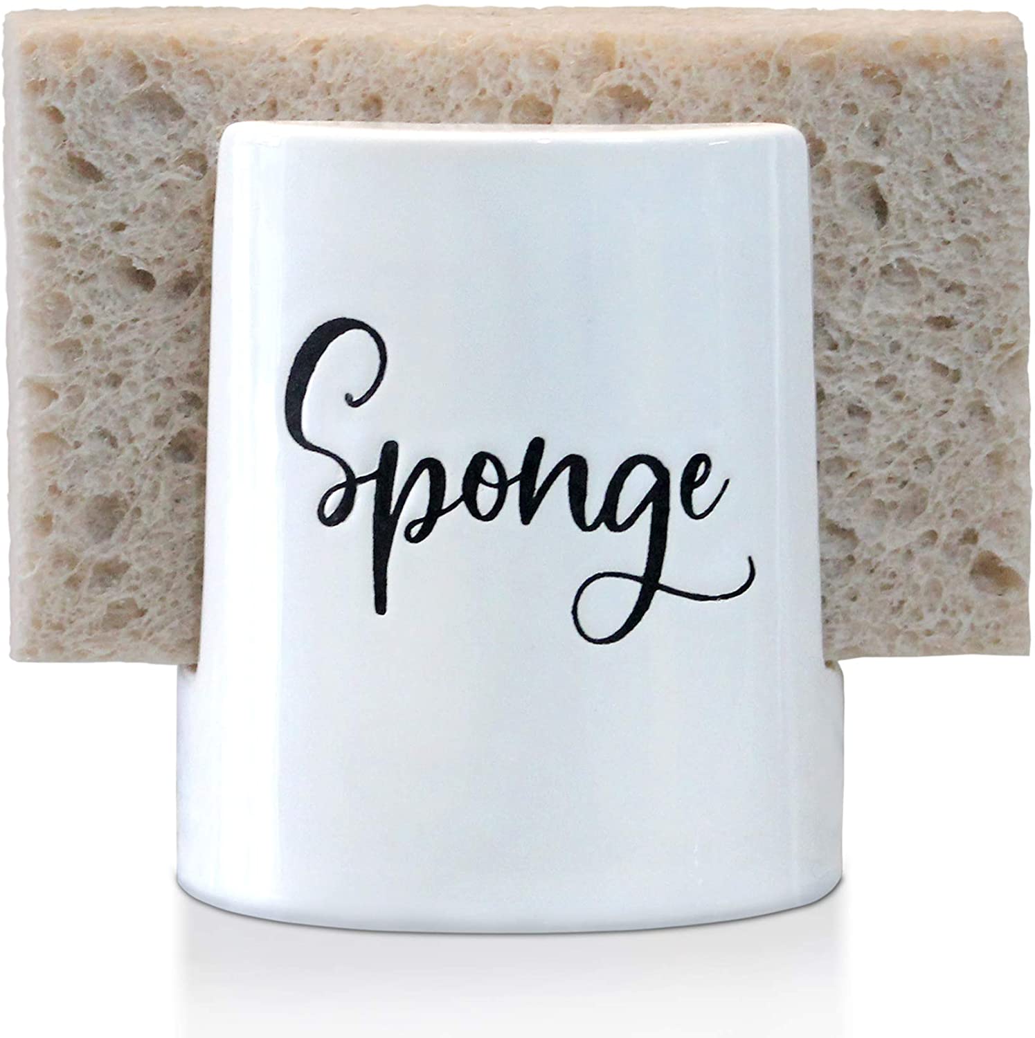 white ceramic sponge holder with the text sponge on the front