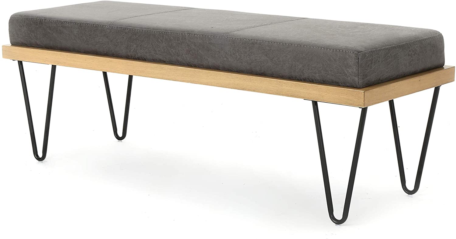 scandinavian bench with black metal pegs, wooden border and light gray cushion