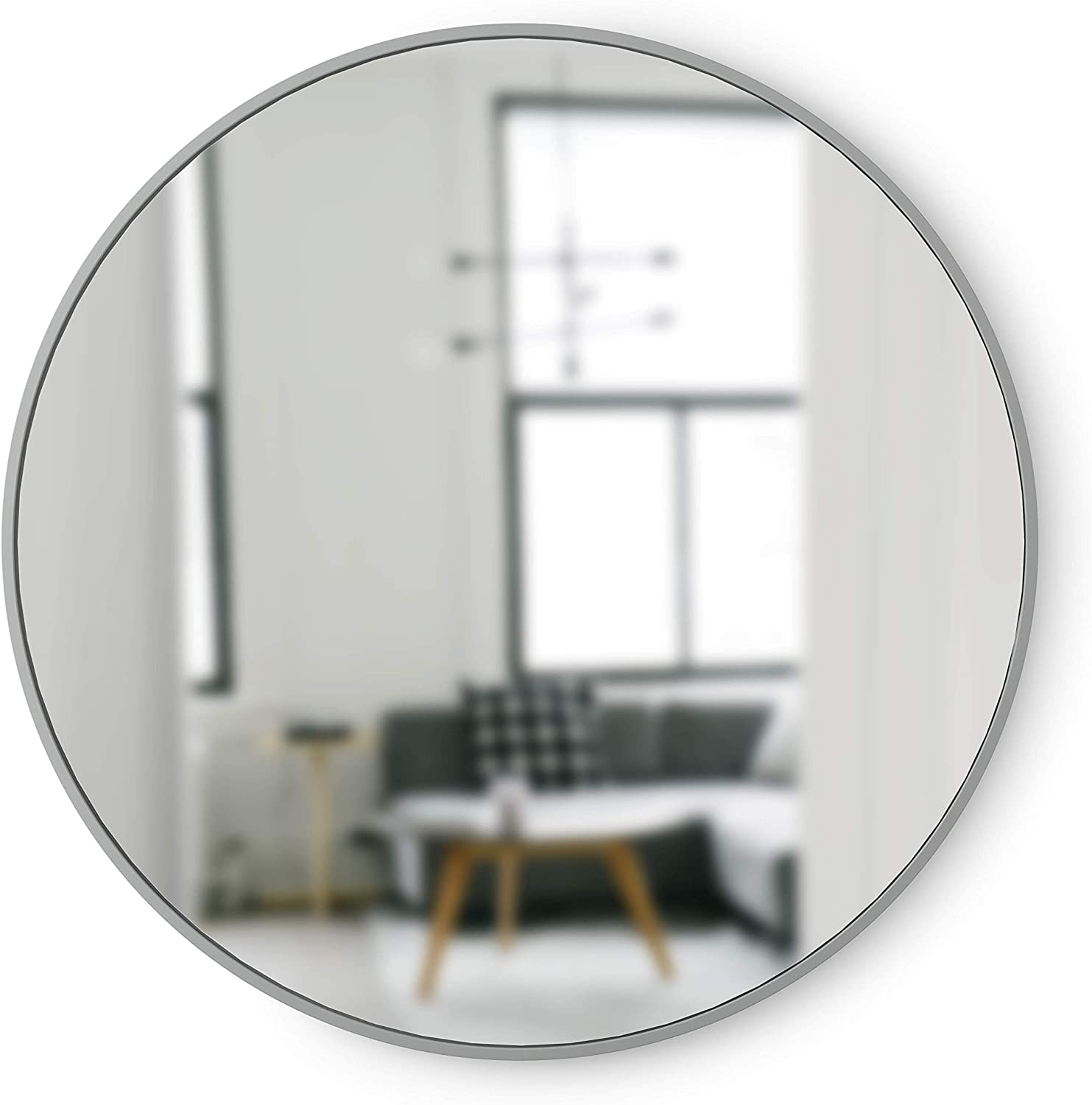 round mirror with light gray frame