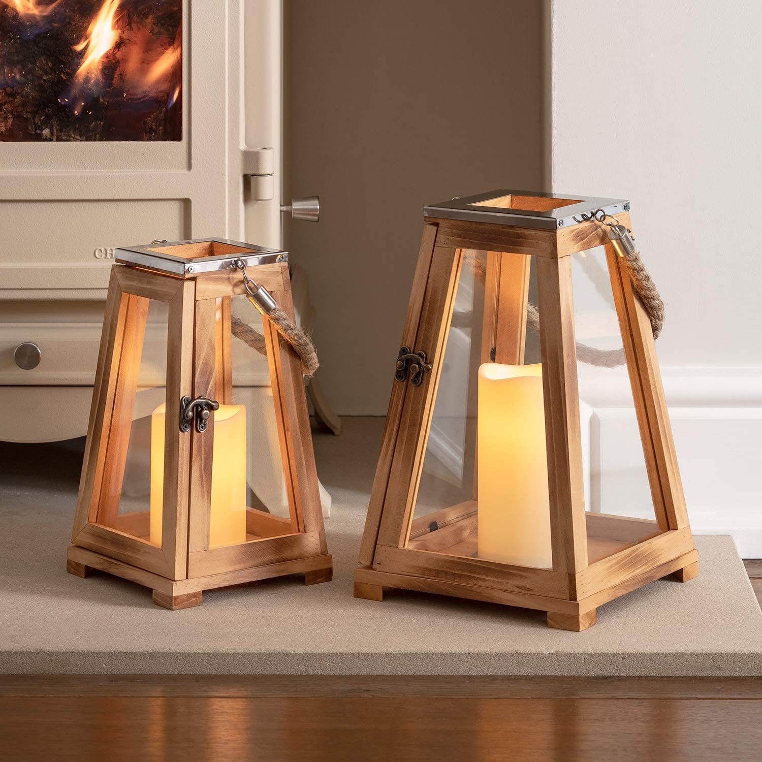 wooden candle holders with glass and electronic candles