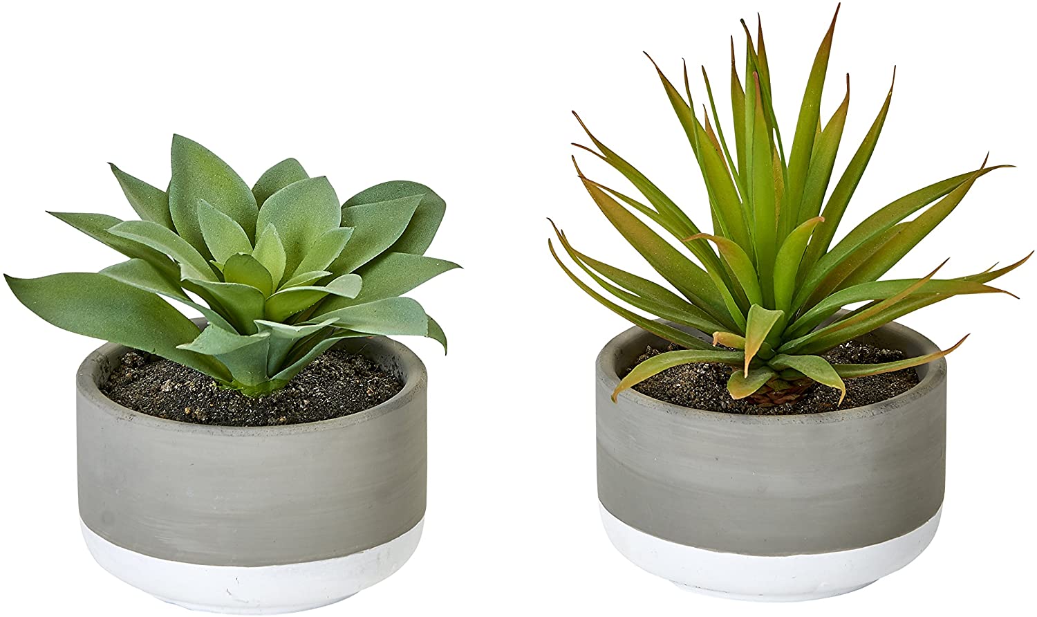 two faux succulent plants in gray and white pots