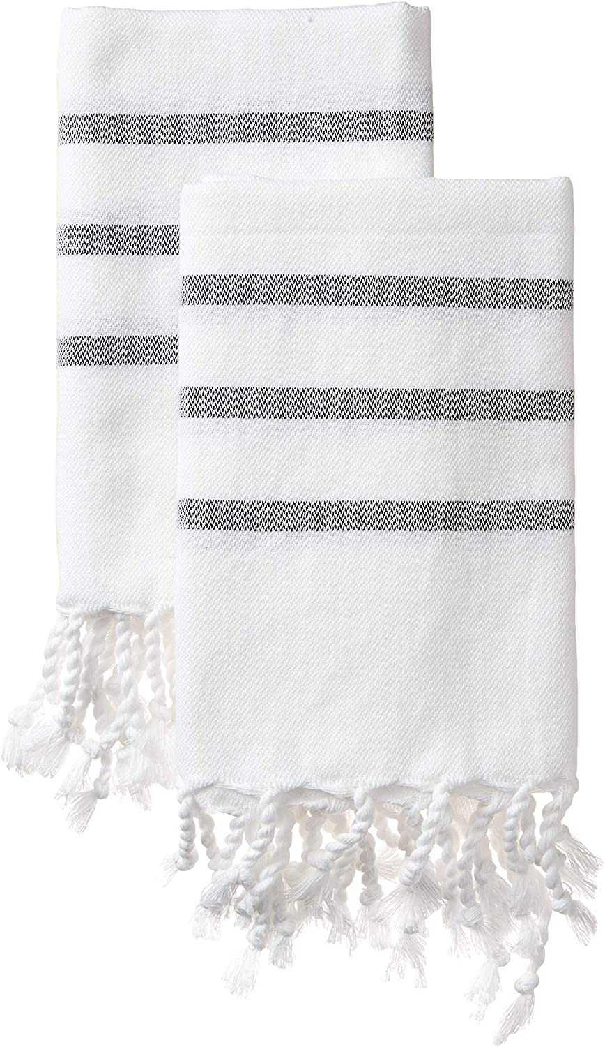 two light white towels with light gray lines and tassles
