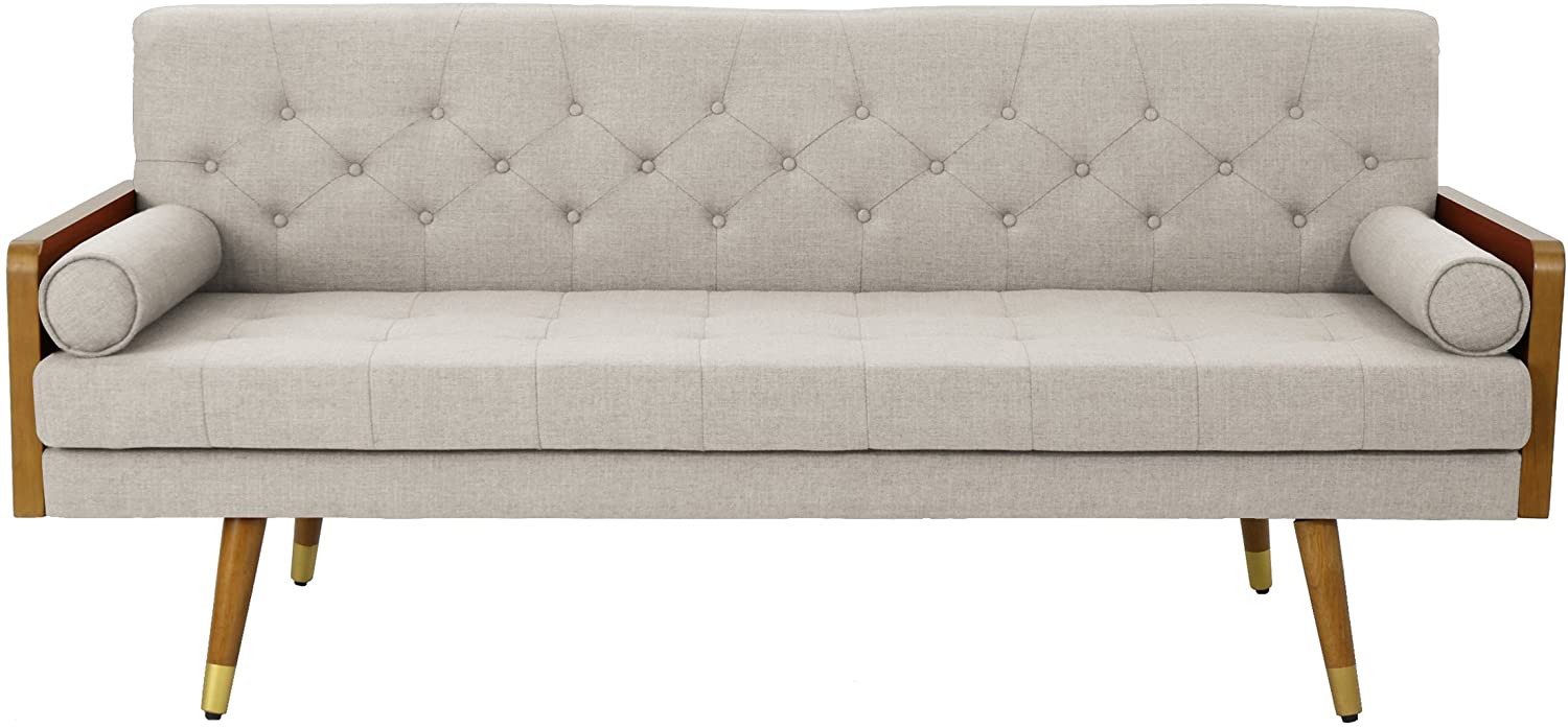 mid-century modern beige sofa with wooden sides and legs