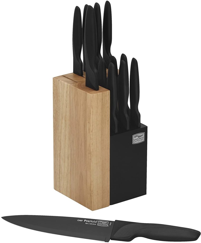 wooden and black knife holder with black knife set