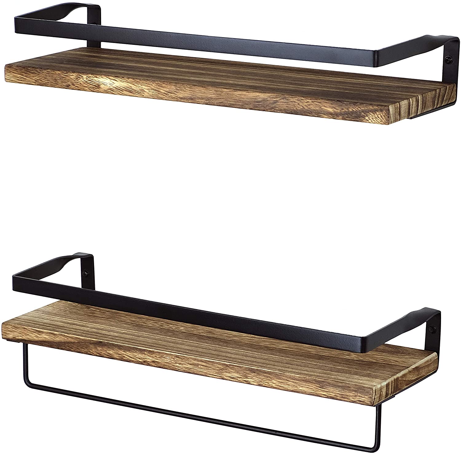 two wooden shelves with black metal details