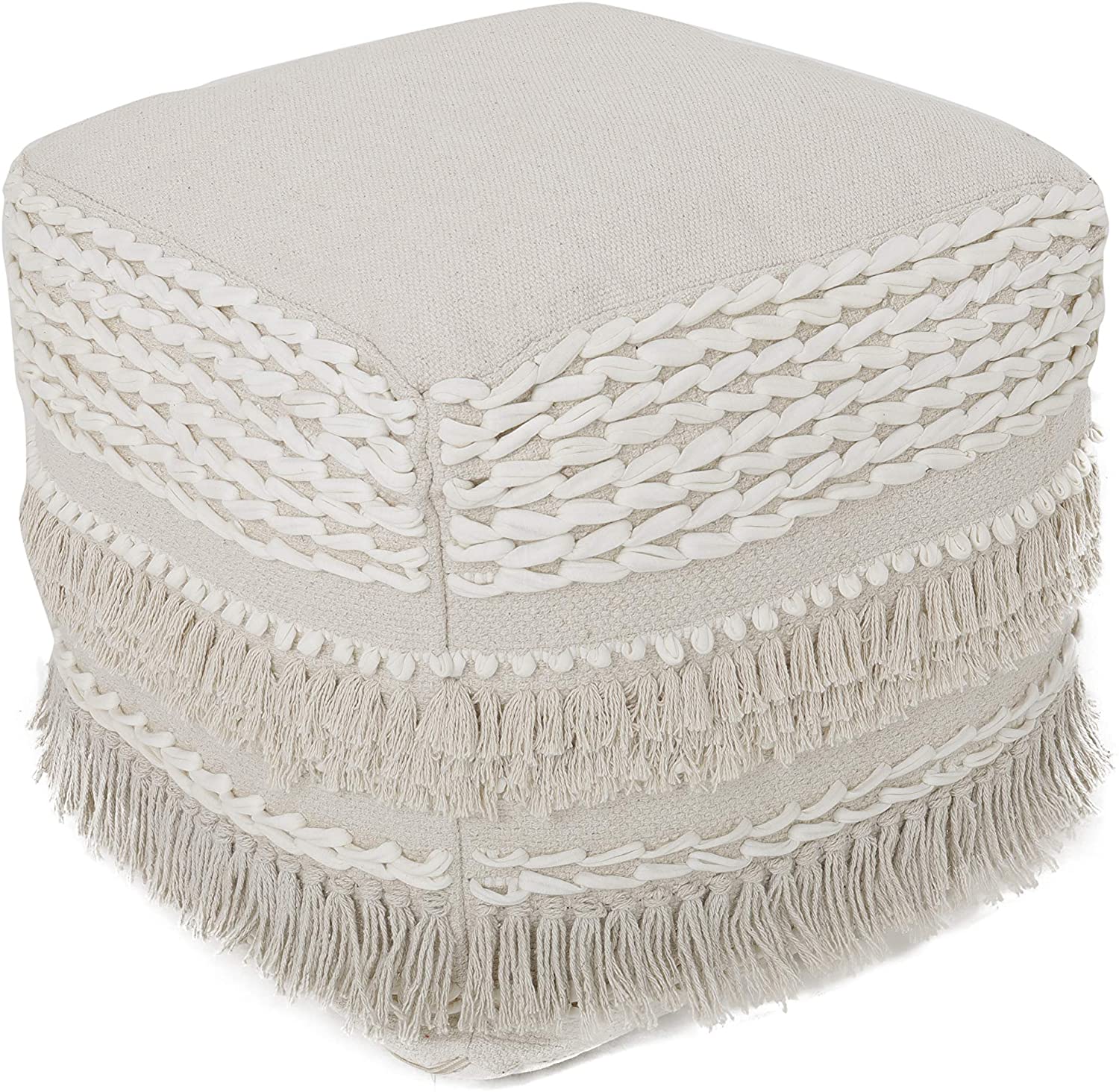 light beige cube pouf with tassles and decorative stitching