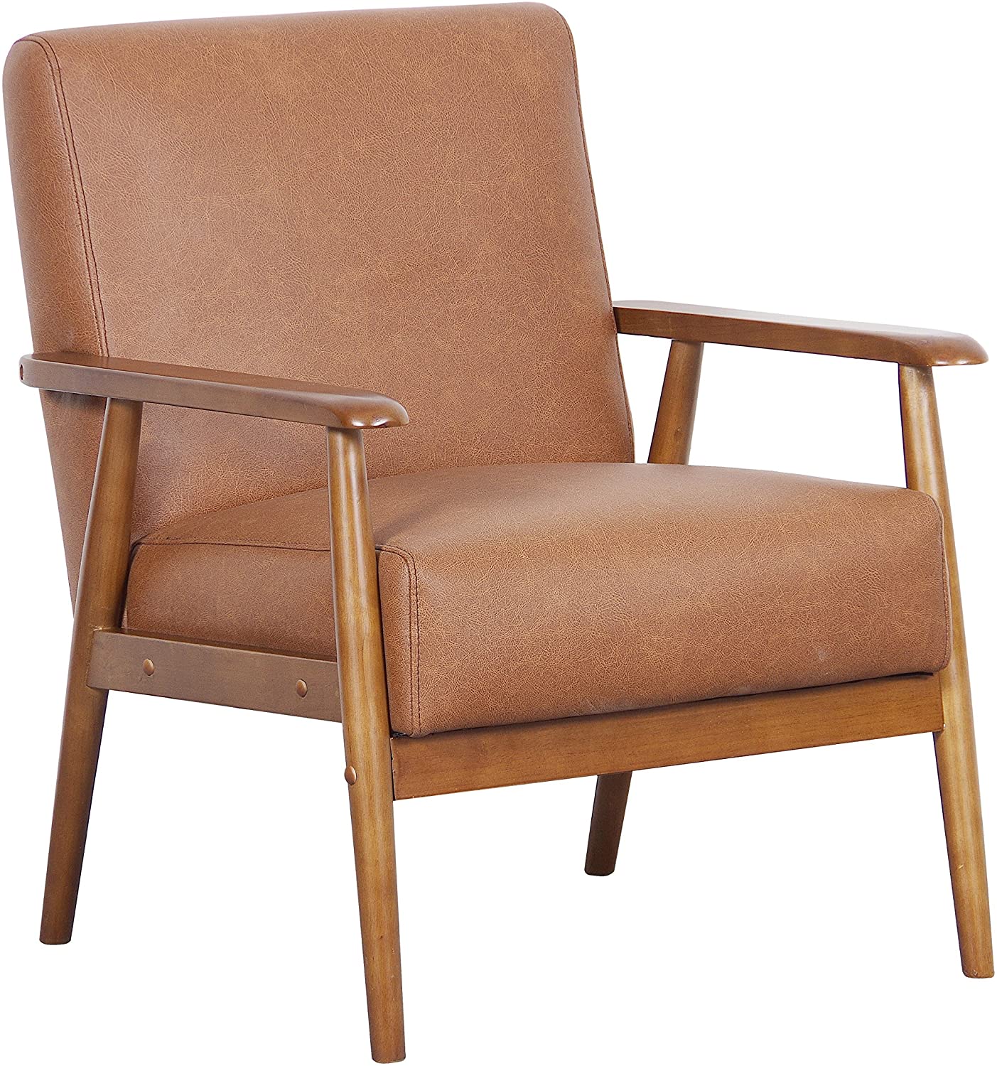 brown leather modern arm chair with wooden arm rests and legs