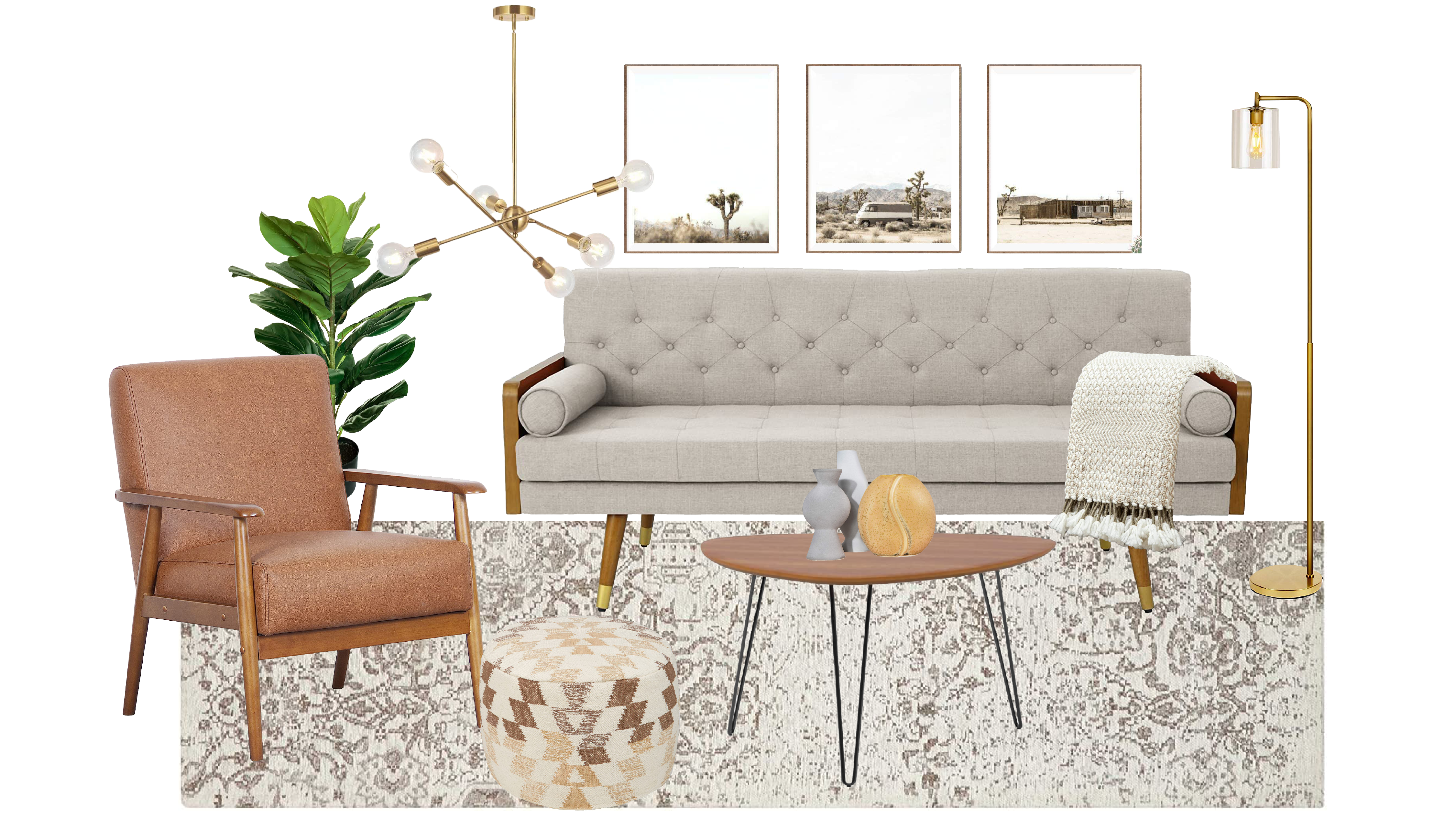 mid century modern living room with neutral decor