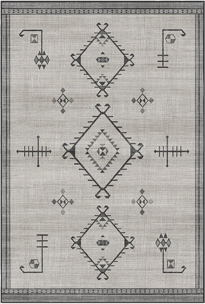 gray rectangular rug with black designs