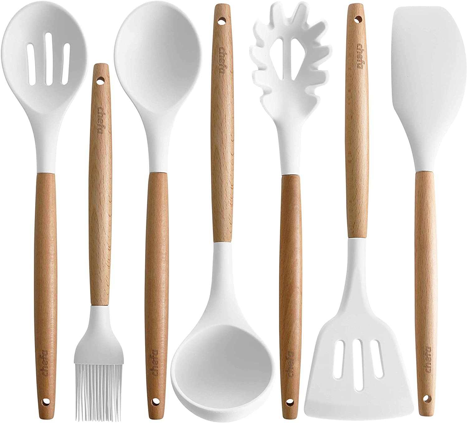 white and wooden kitchen utensil set