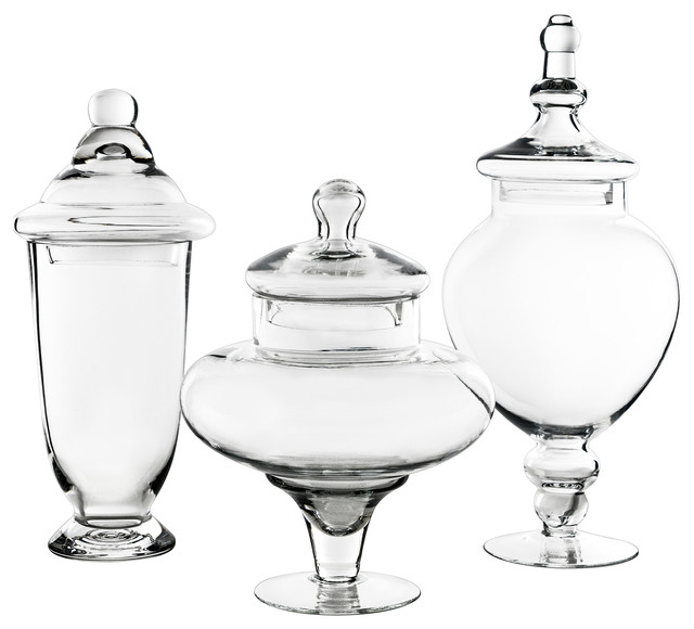 set of three glass candy containers