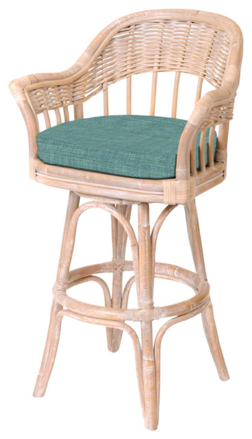light rattan stool with turquoise cushion