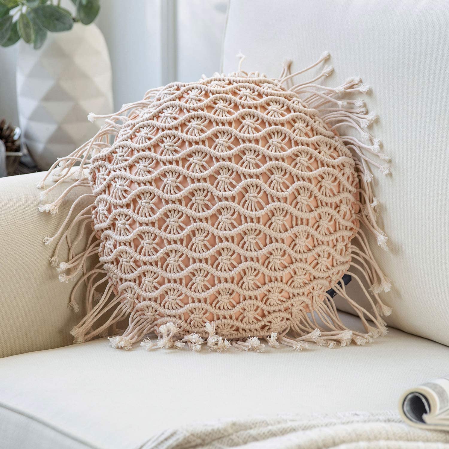 boho round throw pillow with tassels