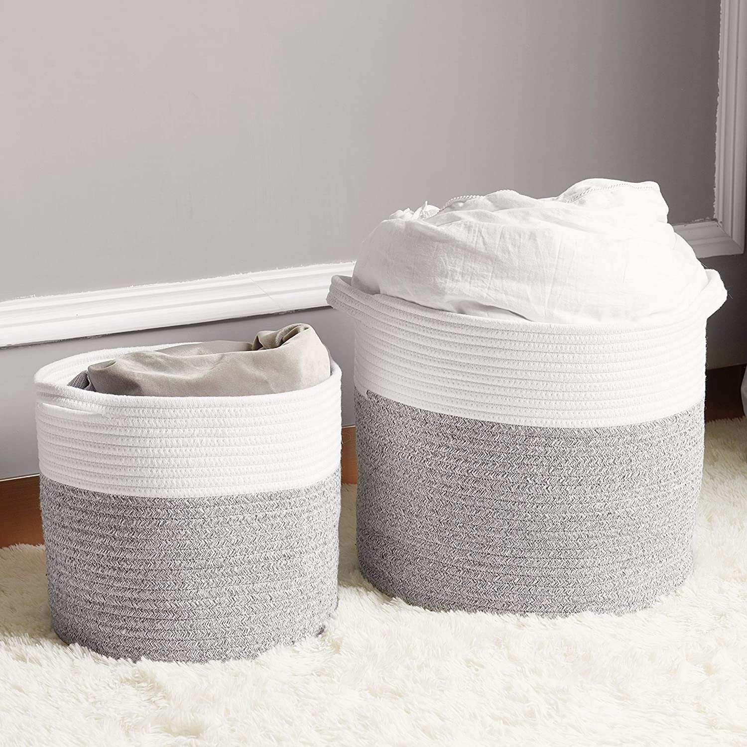 gray and white woven floor basket